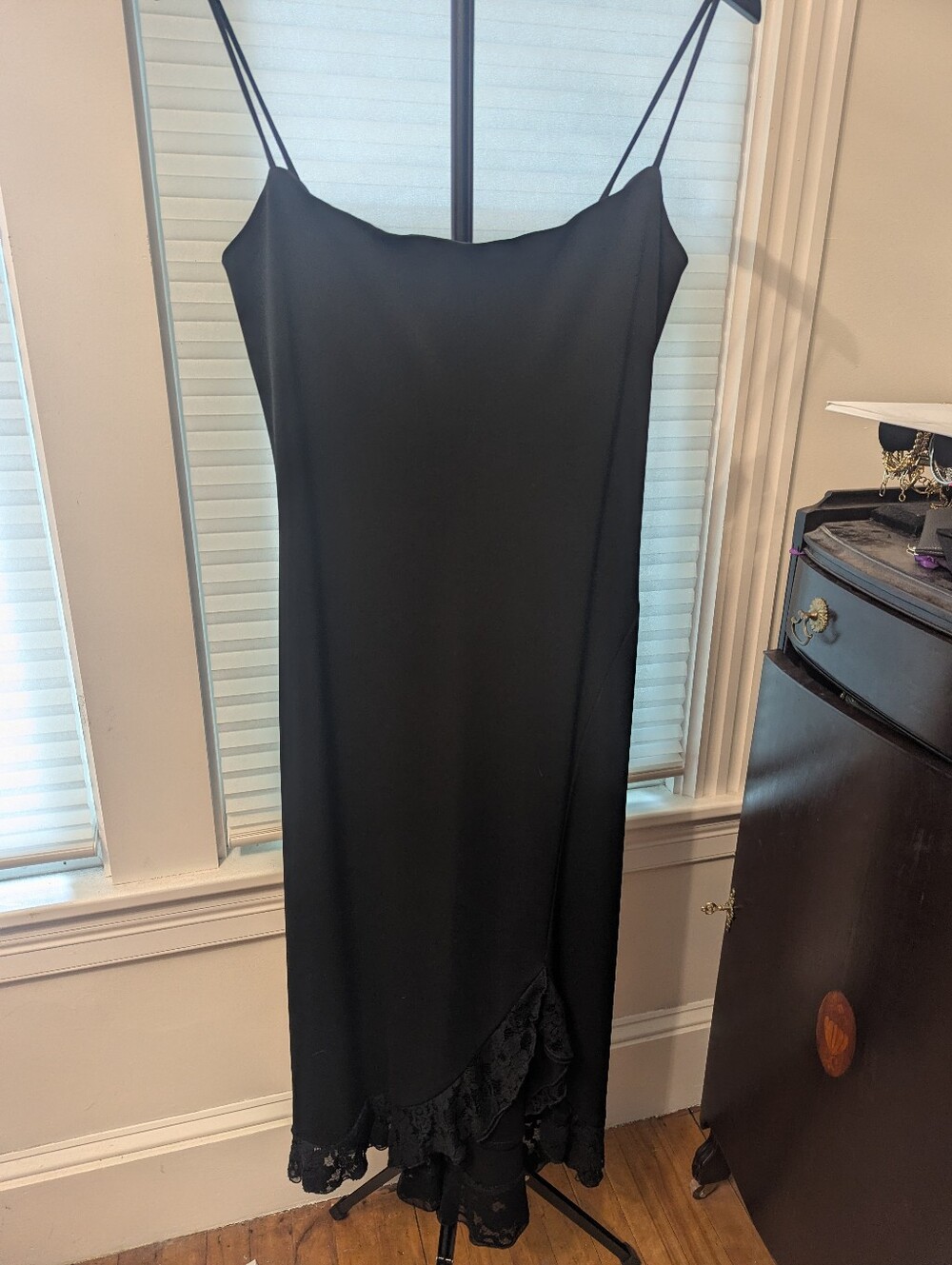 Cache Black Satin Slip Dress with Spaghetti Straps